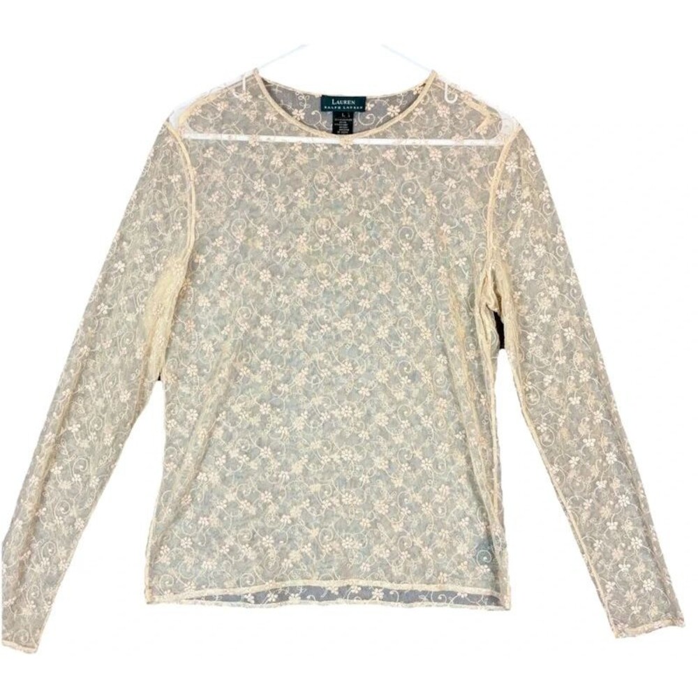 Lauren Ralph Lauren L/S Sheer Floral Blouse Light Tan Ivory Women’s Size Large